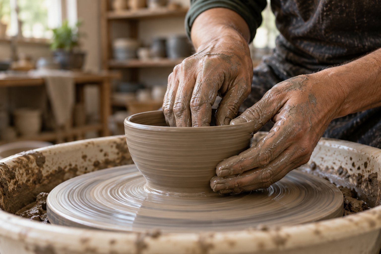 Hands shaping a clay bowl on a pottery wheel.
