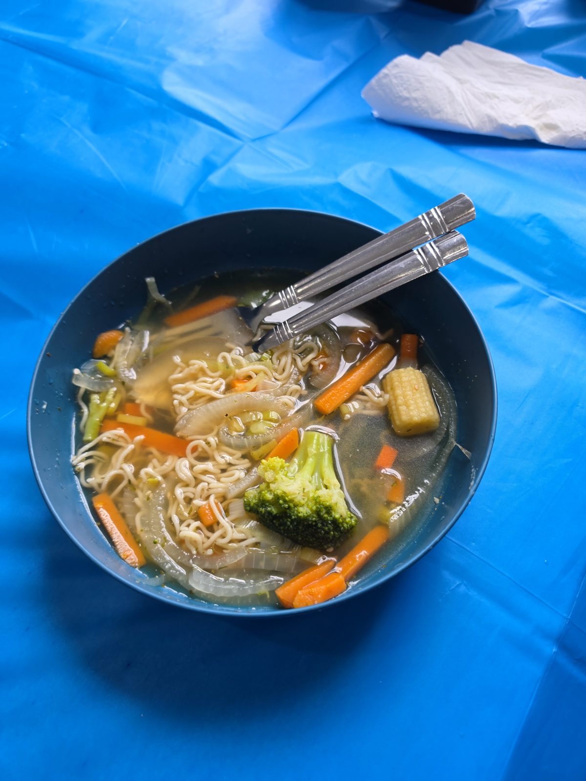 A bowl of Crazy Noodle Soup with noodles and vegetables.